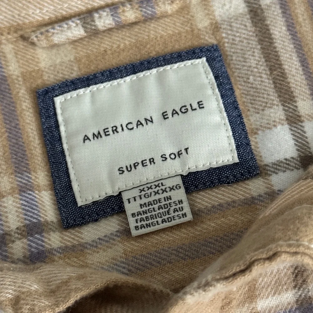 American Eagle Men’s XXXL Super Soft Tan 100% Cotton Plaid Flannel Shirt